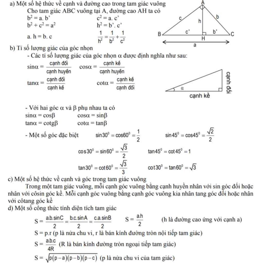 Công thức hệ thức lượng trong tam giác vuông